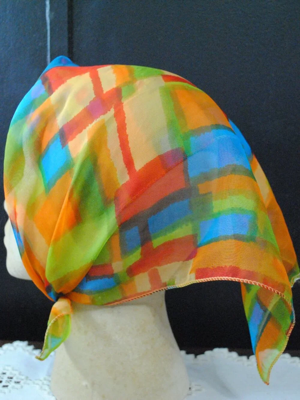 Vintage 1990s Orange, Blue, Red, & Green Color Block Chiffon Scarf